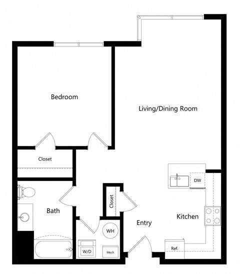 Floor plan for 1 bed, 1 bath, 710 sqft